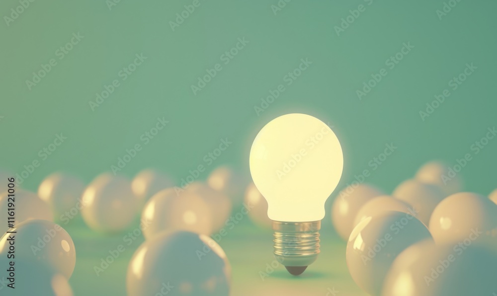 Poster one of lightbulb glowing among shutdown light bulb in dark area with copy space for creative thinkin