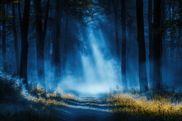 Obraz premium Mystical forest path at twilight, shrouded in blue fog with sunbeams. Ideal for fantasy, mystery, or magical themes; evokes a sense of wonder and tranquility.