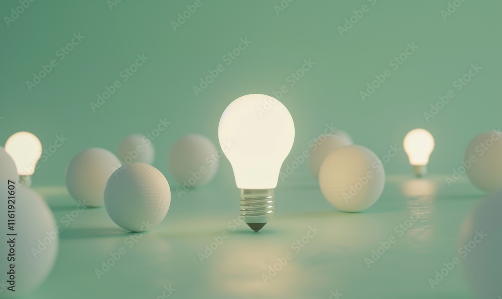Poster one of lightbulb glowing among shutdown light bulb in dark area with copy space for creative thinkin