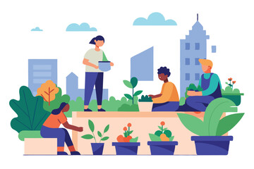 urban gardening, rooftop plants flat illustration.eps