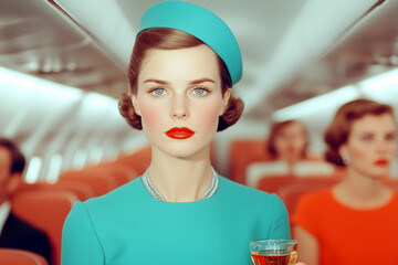 Highly stylized 1970s style flight attendant walking down the aisle of an airplaine.