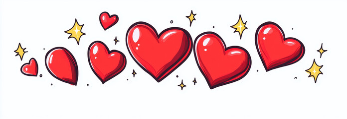 Simple line art of cute red hearts with sparkling stars, perfect for love themed designs and romantic occasions. vibrant red hearts and twinkling stars create joyful and affectionate atmosphere