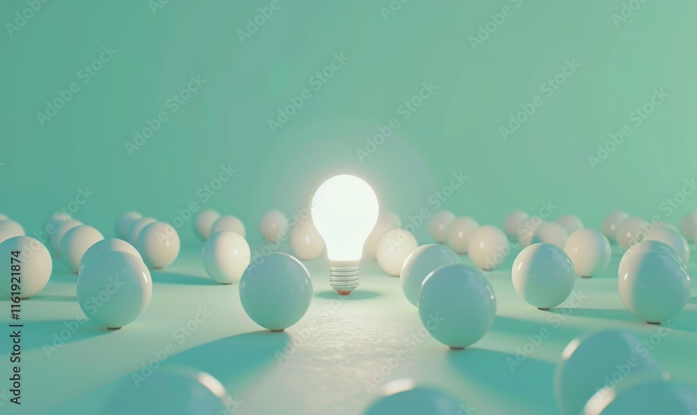 Poster one of lightbulb glowing among shutdown light bulb in dark area with copy space for creative thinkin