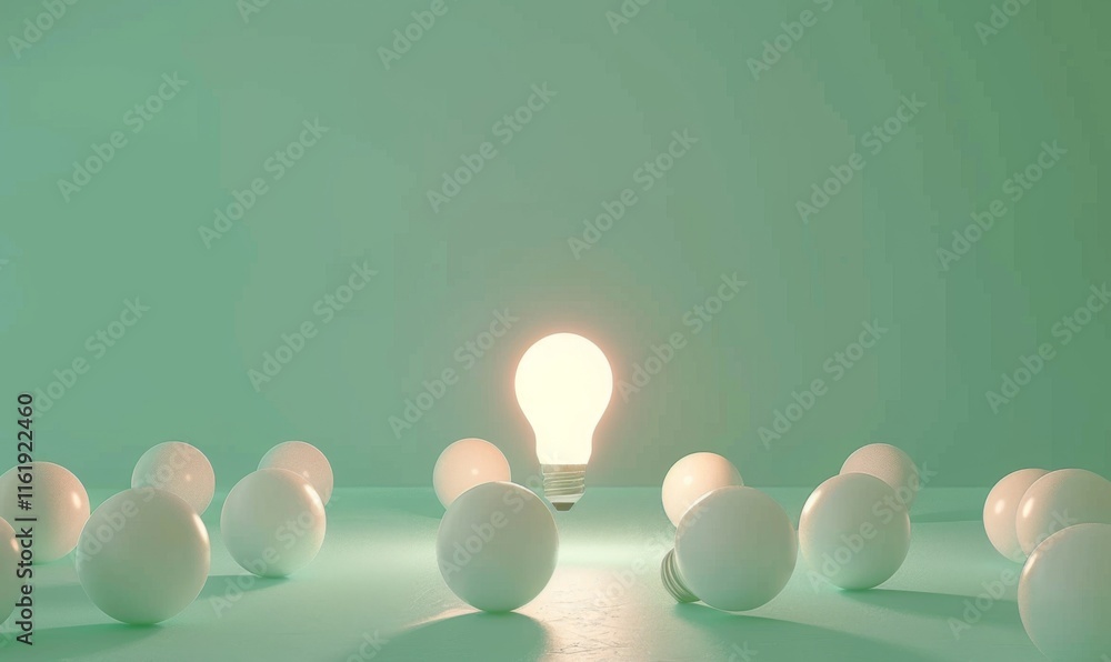 Poster one of lightbulb glowing among shutdown light bulb in dark area with copy space for creative thinkin