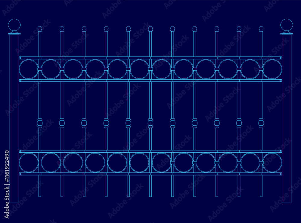 Poster blue drawing of a fence with a lot of circles on it. the circles are spaced out and are of different