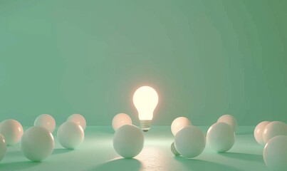 One of Lightbulb glowing among shutdown light bulb in dark area with copy space for creative thinking , problem solving solution and outstanding concept by 3d rendering technique