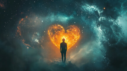 person stands in cosmic landscape, surrounded by stars and galaxies, with glowing heart shape symbolizing love and motivation. This artwork evokes feelings of inspiration and connection