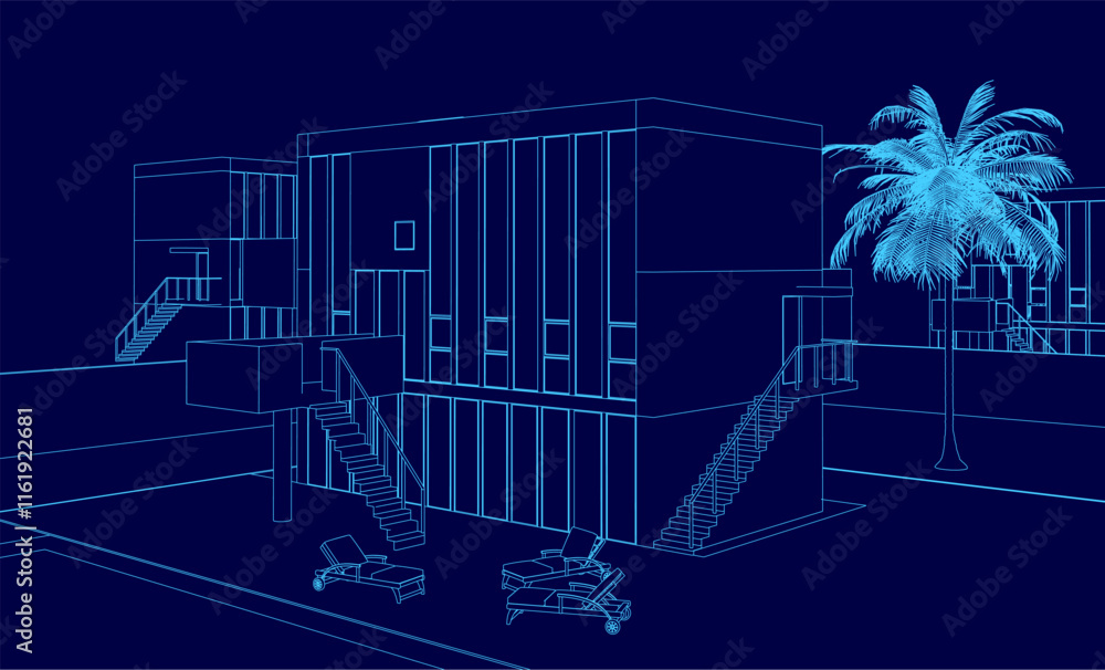 Poster blue image of a house with a palm tree in front of it. the house is a modern building with a lot of 