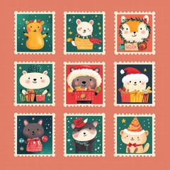 Cute animal stamps featuring festive designs with holiday themes. Each stamp showcases different character, including bear, fox, and mouse, celebrating season with gifts and decorations