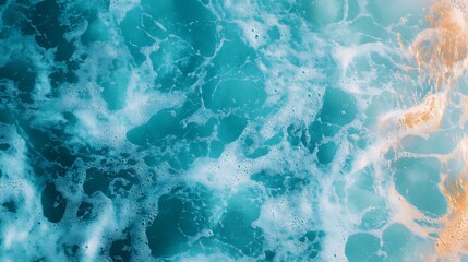 Fototapeta premium Pure blue and white water texture of the ocean sea with foam from and waves, blue sea water texture, blue clear water surface texture with ripples, splashes, Abstract summer banner backgroud