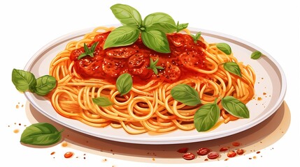 Delicious and Visually Appealing Plate of Italian Spaghetti Pasta Covered in a Flavorful Tomato Sauce and Garnished with Fresh Fragrant Basil Leaves