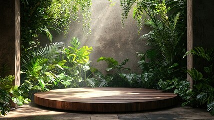 A serene stage surrounded by lush greenery, illuminated by soft sunlight filtering through leaves, creating a tranquil natural setting.