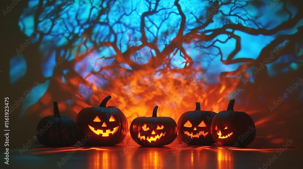Poster illuminated jackolanterns before a projected tree