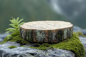 Naklejka premium A wooden log slice sits atop a mossy stone, surrounded by lush greenery, showcasing the beauty of nature and natural textures.