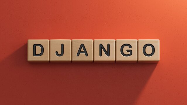 DJANGO word text from wooden cube block letters.close up of wooden elements,Business Concept.3D rendering on red background.