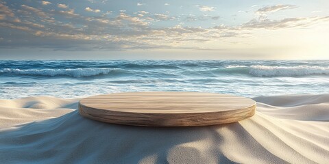 Obraz premium A serene beach scene featuring a circular wooden platform on soft sand, with gentle waves lapping at the shore under a cloudy sky.