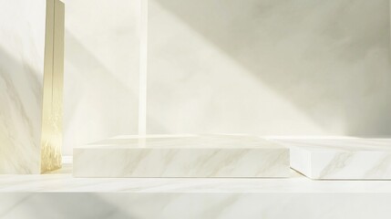 Fototapeta premium A white marble table with a gold object on top