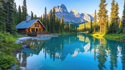 Fototapeta premium Mountain Cabin Reflecting In Calm Turquoise Lake Water