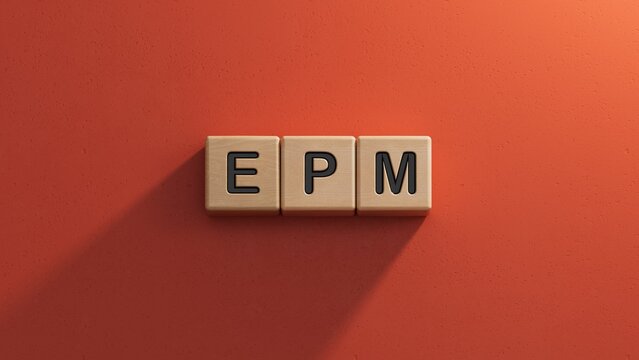 epm sign on wooden cubes and magnifier.close up of wooden elements,Business Concept.3D rendering on red background.