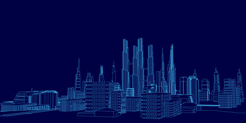 City skyline is shown in blue with tall buildings and a dark sky. The cityscape is illuminated, giving it a futuristic and modern feel