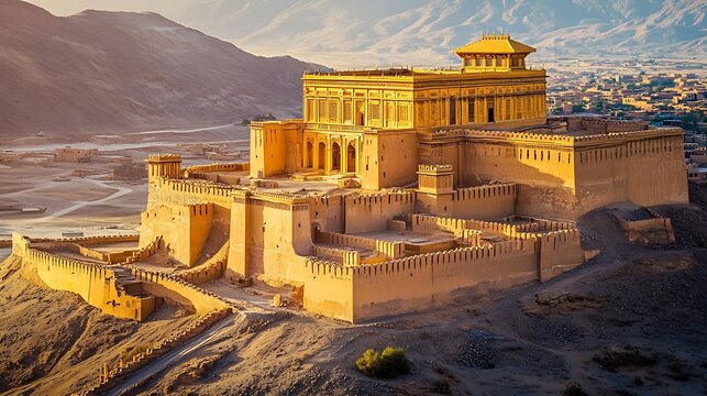 Golden Citadel Ancient Fortress Majestic Mountain Landscape