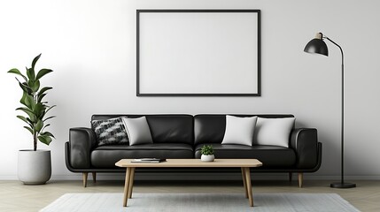 Modern living room interior with black leather sofa, coffee table, floor lamp, and blank frame on wall.
