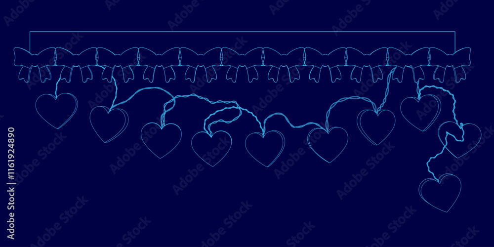 Poster blue background with a row of hearts. the hearts are connected to each other and are in different si