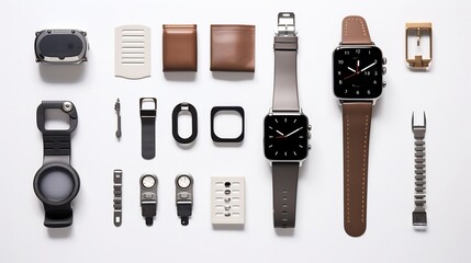 Beautifully arranged smartwatch with its band and accessories neatly displayed on a clean minimalist white background  This modern wearable technology showcases its stylish design advanced features