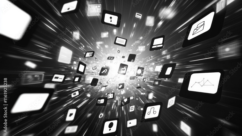 Poster a computer screen with many icons and a black background