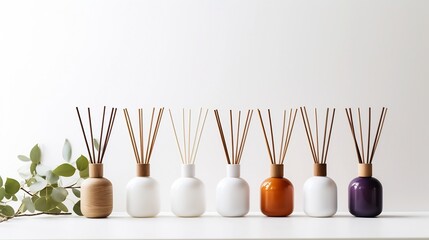 Minimalist arrangement of essential oil bottles and aromatherapy diffusers on a bright clean white background