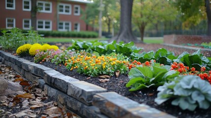 A garden with a brick wall and a variety of plants including flowers