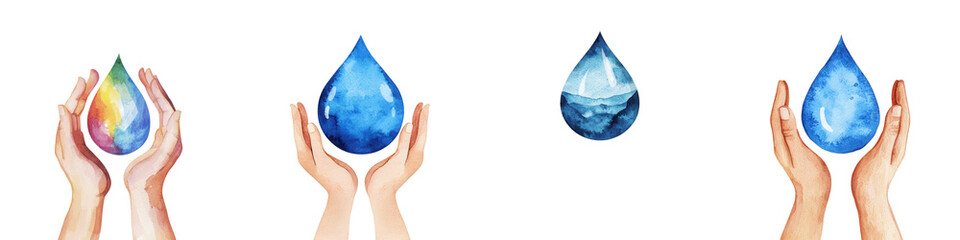 Obraz premium World water day element, Hands forming water drop shape in various styles and colors, isolated on transparent background.