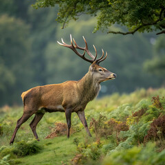 Fototapeta premium deer on the green background during the deer