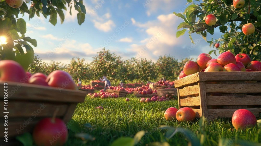 Poster a field of apples with a few baskets of apples in the foreground