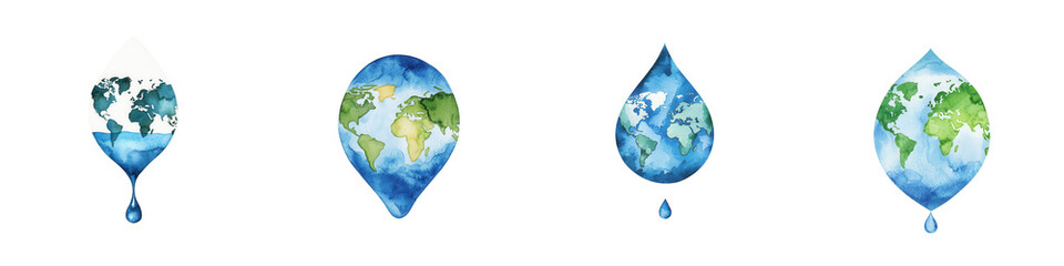 Fototapeta premium World water day element, Watercolor drops featuring world maps, symbolizing global unity, isolated on transparent background.