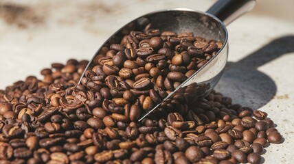 Coffee beans in metal scoop close-up