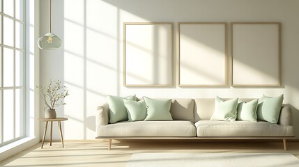 Fototapeta premium Minimalist living room with beige sofa, light green pillows, three blank frames, and sunlight streaming through large window.