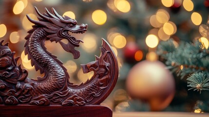 Fototapeta premium A dragon statue is on a wooden stand