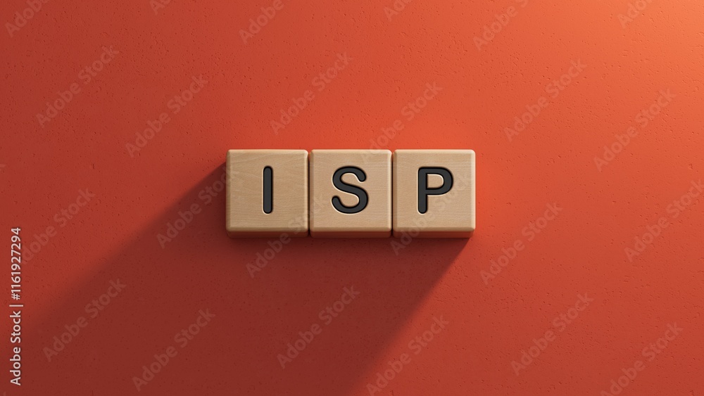 Poster isp sign on wooden cubes.close up of wooden elements,business concept.3d rendering on red background