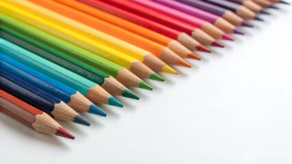 Fototapeta premium Rainbow pencils aligned on white background