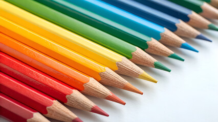 Fototapeta premium Aligned rainbow pencils on white background