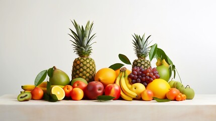Visually striking minimalist display of an assortment of fresh ripe tropical fruits such as mangoes papayas and pineapples isolated on a clean bright white background