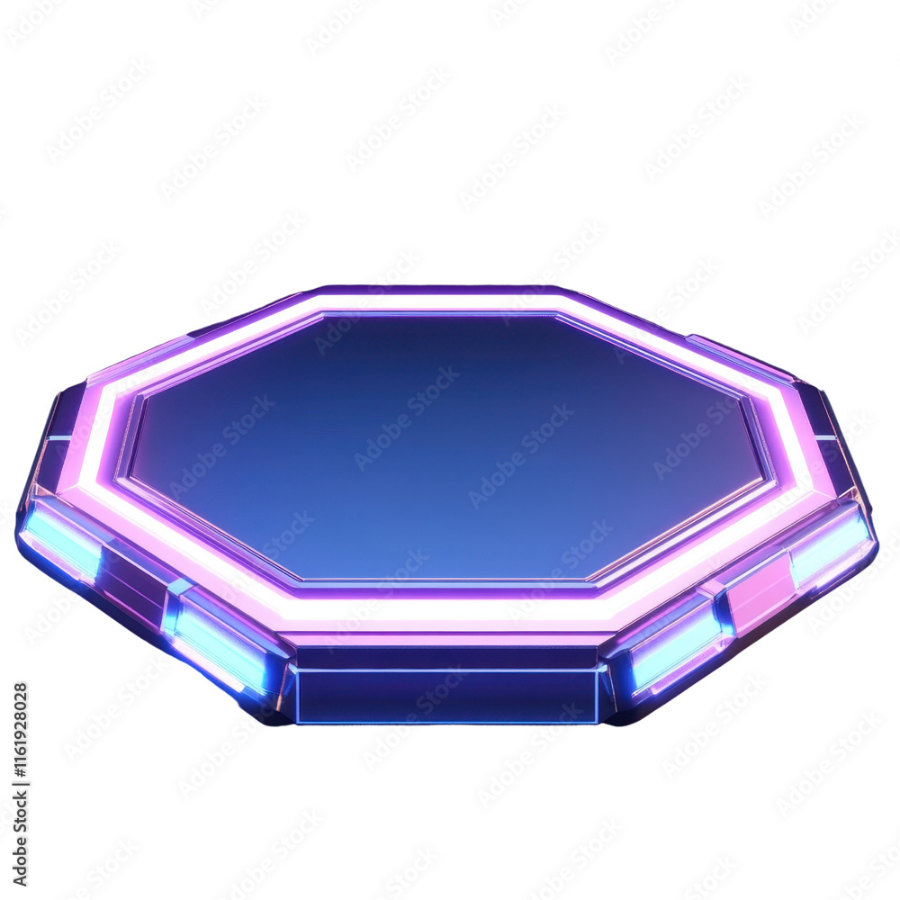 Poster futuristic octagonal display platform with neon lighting effects