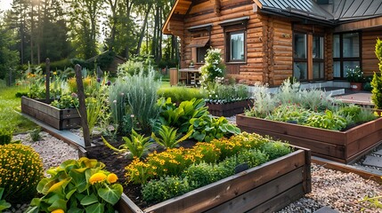 Obraz premium Beautiful summer garden with a wooden house on the background of nature