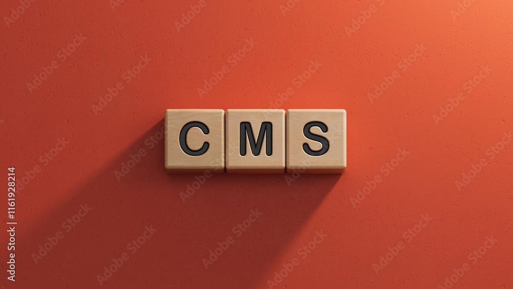 Poster lettering cms on wooden cubes.close up of wooden elements,business concept.3d rendering on red backg