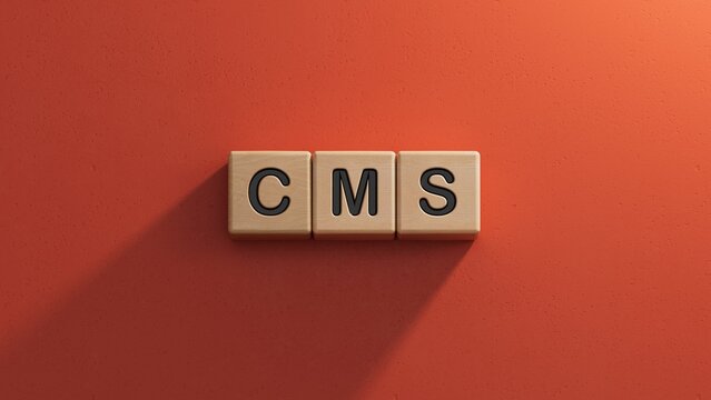 Lettering cms on wooden cubes.close up of wooden elements,Business Concept.3D rendering on red background.