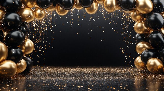 A black and gold archway with a lot of gold balloons