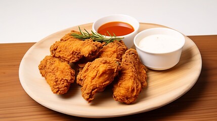 Delicious plate of crispy golden brown fried chicken served with a side of tasty dipping sauce on a clean white surface  This savory comfort food dish is perfect for lunch dinner or as an appetizer