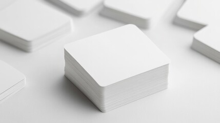 A stack of white business cards with a white card in the middle