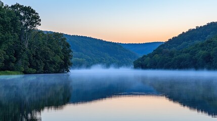 Fototapeta premium Serene Dawn Mist Over Mountain Lake Reflections